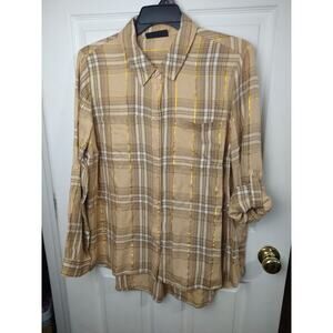 lane bryant woman plus size 18/20 Shirt Collared Button Brown Plaid Roll Tab...